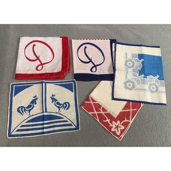 Vintage Handkerchief Collection Set of 5 Red & Blue Prints Retro Charm - Picture 7 of 7